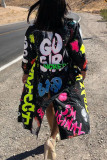 Black Fashion Casual Print Cardigan Turndown Collar Outerwear