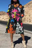 Black Fashion Casual Print Cardigan Turndown Collar Outerwear