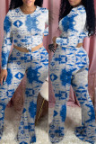 Red Fashion Casual Tie Dye Printing O Neck Long Sleeve Two Pieces