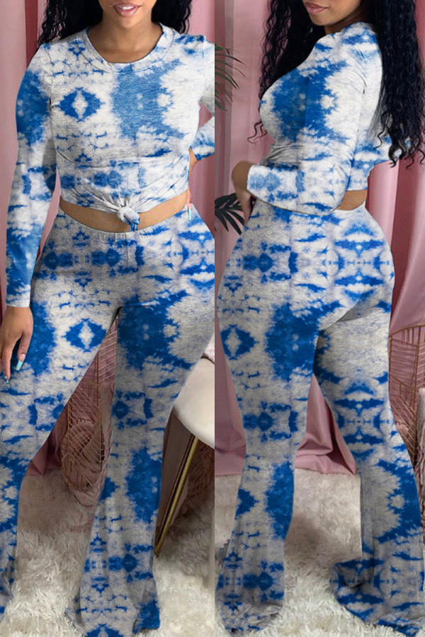 Blue Fashion Casual Tie Dye Printing O Neck Long Sleeve Two Pieces