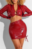 Red Fashion Sexy Solid Hollowed Out V Neck Long Sleeve Three-piece Set