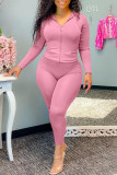 Pink Fashion Casual Solid Basic Hooded Collar Long Sleeve Two Pieces