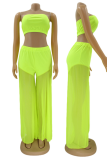 Fluorescent Green Sexy Solid Mesh Strapless Sleeveless Two Pieces