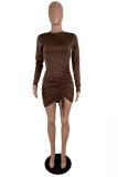 Red adult Sexy Fashion Cap Sleeve Long Sleeves O neck Hip skirt Mini asymmetrical Draped Solid