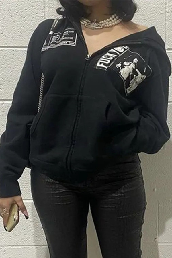 Black Fashion Casual Letter Print Zipper Hooded Collar Outerwear