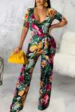 Green Sexy Print Patchwork V Neck Straight Jumpsuits