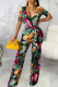 Green Sexy Print Patchwork V Neck Straight Jumpsuits