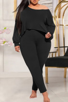 Black Fashion Casual Solid Basic Oblique Collar Plus Size Two Pieces