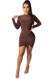 Red adult Sexy Fashion Cap Sleeve Long Sleeves O neck Hip skirt Mini asymmetrical Draped Solid