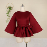 Burgundy Casual Elegant Solid Patchwork Flounce With Belt O Neck Nine Points Sleeve Two Pieces