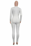 White Fashion Casual Solid Patchwork Zipper Collar Skinny Jumpsuits