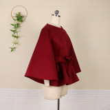 Burgundy Casual Elegant Solid Patchwork Flounce With Belt O Neck Nine Points Sleeve Two Pieces