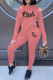 Pink Casual Letter Print Ripped Patchwork O Neck Long Sleeve Two Pieces