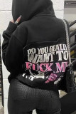 Black Fashion Casual Letter Print Zipper Hooded Collar Outerwear