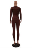Dark Brown Fashion Casual Solid Slit Square Collar Long Sleeve Two Pieces