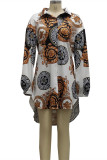Multicolor Fashion Casual Print Basic Turndown Collar Long Sleeve Shirt Dress (Without Belt)