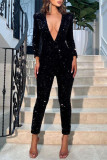 Black Fashion Casual Solid Sequins Split Joint V Neck Long Sleeve Jumpsuits