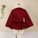 Burgundy Casual Elegant Solid Patchwork Flounce With Belt O Neck Nine Points Sleeve Two Pieces