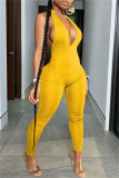 Yellow Sexy Casual Solid Backless Halter Skinny Jumpsuits