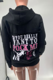 Black Fashion Casual Letter Print Zipper Hooded Collar Outerwear