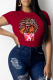 Red Casual Print Patchwork O Neck Tops