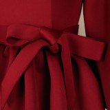 Burgundy Casual Elegant Solid Patchwork Flounce With Belt O Neck Nine Points Sleeve Two Pieces