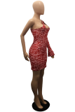 Red Sexy Print Hollowed Out Pencil Skirt Dresses
