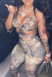 Brown Sexy Print Hollowed Out Spaghetti Strap Skinny Jumpsuits