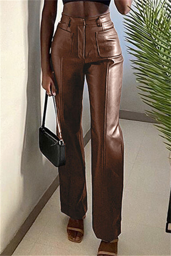 Brown Fashion Casual Solid Patchwork Regular High Waist Trousers