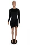 Red adult Sexy Fashion Cap Sleeve Long Sleeves O neck Hip skirt Mini asymmetrical Draped Solid