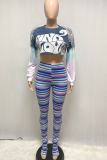 Blue Casual Print Tassel O Neck Long Sleeve Two Pieces