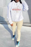 White Blue Fashion Casual Letter Print Basic Hooded Collar Tops