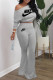 Grey Fashion Sportswear Print Patchwork Oblique Collar Long Sleeve Two Pieces