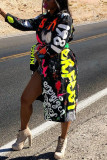 Black Fashion Casual Print Cardigan Turndown Collar Outerwear