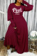 Burgundy Fashion Casual Letter Print Basic O Neck Long Sleeve Dresses