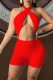 Red Sexy Solid Hollowed Out Backless Strap Design Halter Skinny Romper