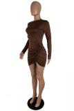 Red adult Sexy Fashion Cap Sleeve Long Sleeves O neck Hip skirt Mini asymmetrical Draped Solid