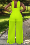Fluorescent Green Sexy Solid Mesh Halter Straight Jumpsuits