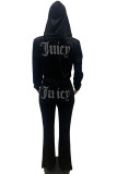 Black Fashion Casual Print Hot Drill Hooded Collar Long Sleeve Two Pieces