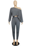 Grey Fashion Casual Solid Basic Oblique Collar Plus Size Two Pieces
