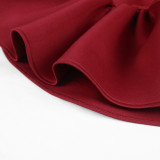 Burgundy Casual Elegant Solid Patchwork Flounce With Belt O Neck Nine Points Sleeve Two Pieces
