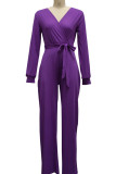 Purple Casual Solid Bandage Patchwork V Neck Straight Jumpsuits