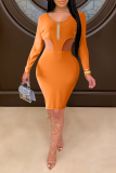 Orange Sexy Solid Hollowed Out Zipper Collar Pencil Skirt Dresses