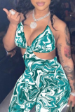 Green Sexy Print Hollowed Out Spaghetti Strap Skinny Jumpsuits