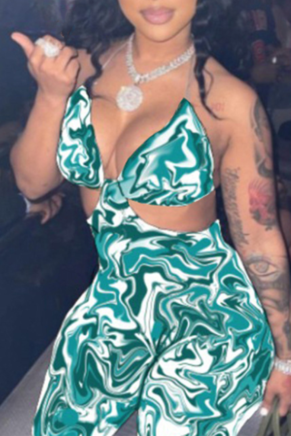 Green Sexy Print Hollowed Out Spaghetti Strap Skinny Jumpsuits