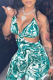 Green Sexy Print Hollowed Out Spaghetti Strap Skinny Jumpsuits