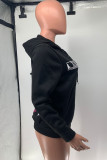 Black Fashion Casual Letter Print Zipper Hooded Collar Outerwear