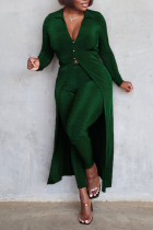 Ink Green Casual Solid Split Joint Buttons Turndown Collar Long Sleeve Two Pieces