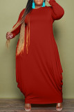 Red Fashion Casual Solid Basic O Neck Long Sleeve Plus Size Dresses