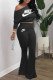 Black Fashion Sportswear Print Patchwork Oblique Collar Long Sleeve Two Pieces